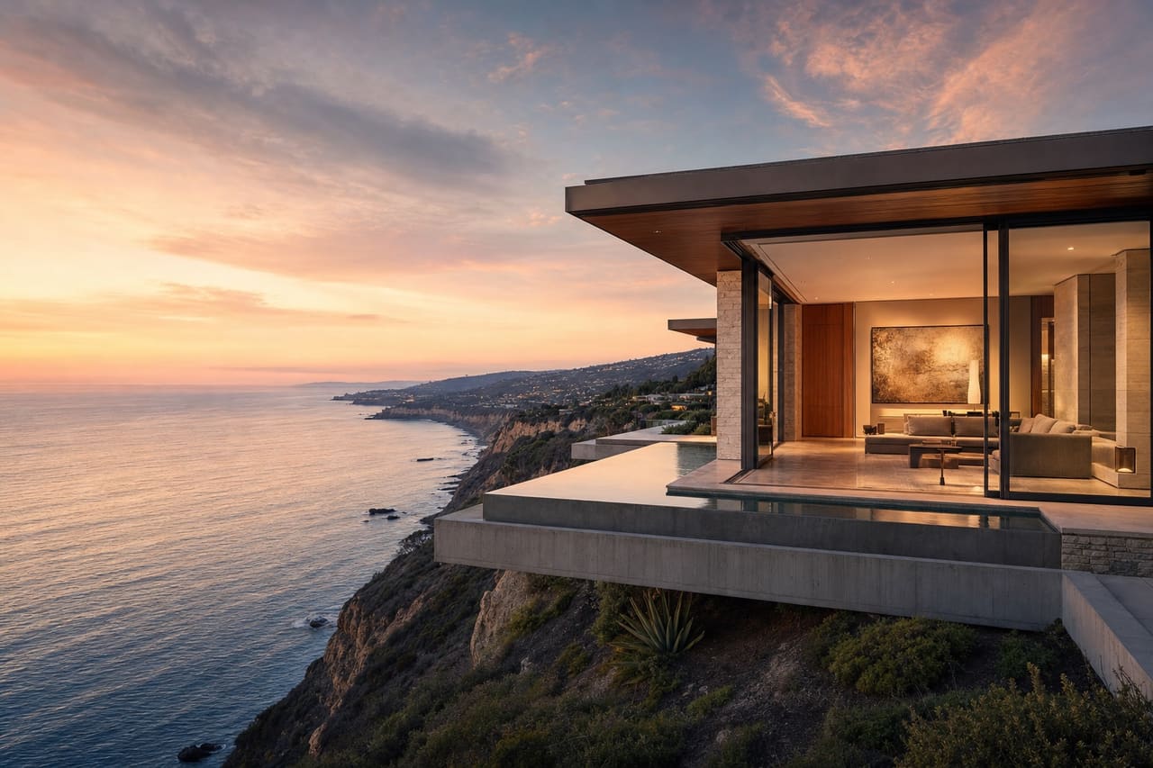 Cliff-edge modern luxury home at golden hour overlooking the Pacific Ocean along the Palos Verdes coast — the kind of coastal California home Cloud Comfort HVAC engineers comfort for
